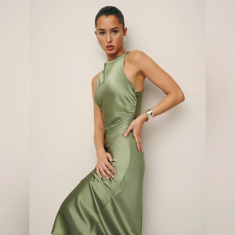 NEW Reformation Casette Silk Maxi Dress Artichoke Green Size 4 - Picture 3 of 11